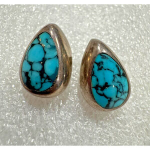 Vtg Taxco Turquoise Sterling Silver Stud Earrings Teardrop TA-18 Mexico